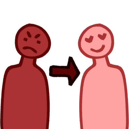 an arrow pointing from a red, angry figure to a smiling pink figure with heart-shaped eyes.